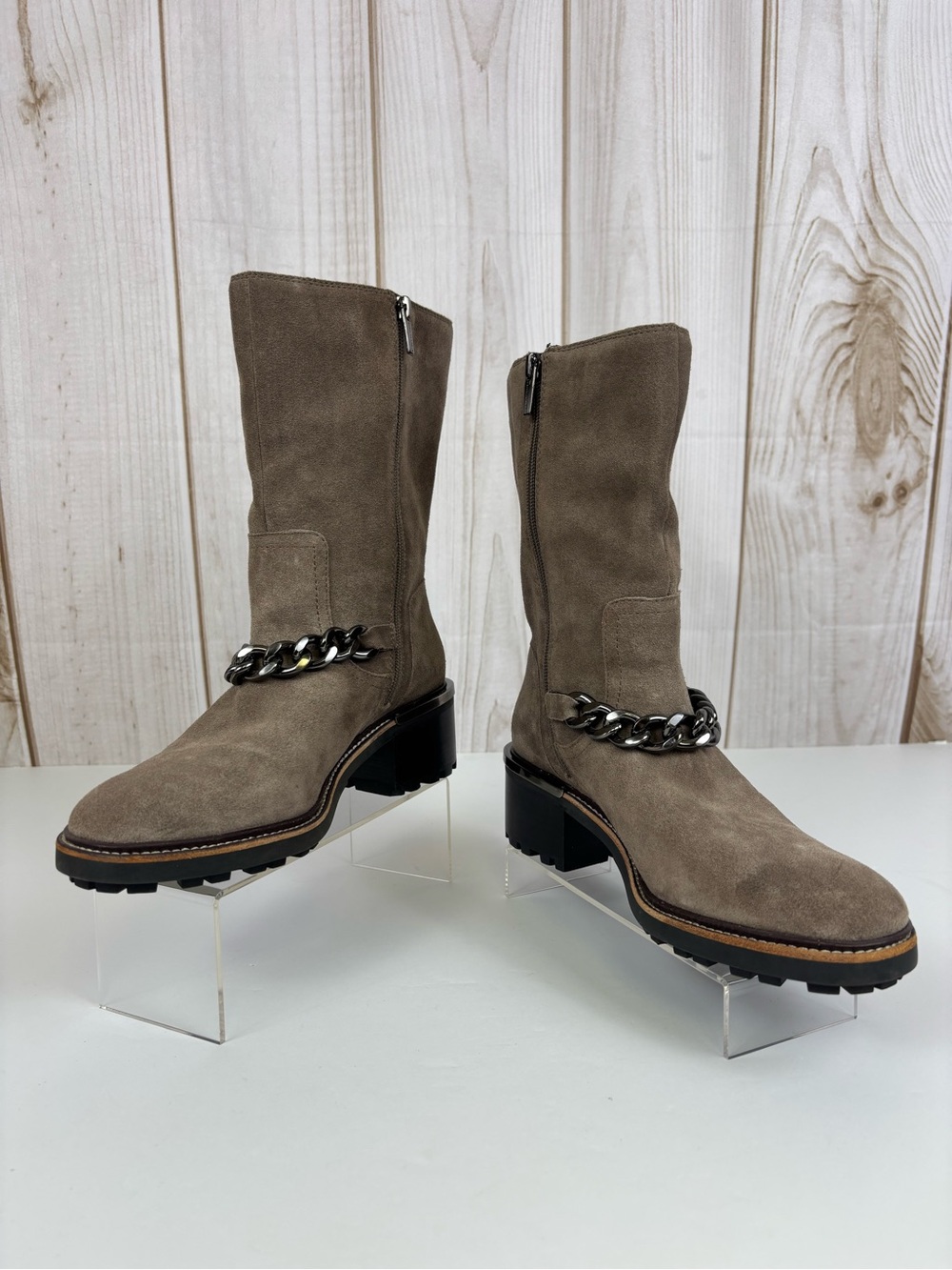 Vince Camuto Keshilla Suede Leather Chain Moto Chunky Boots Taupe Size 8.5 - Picture 4 of 14